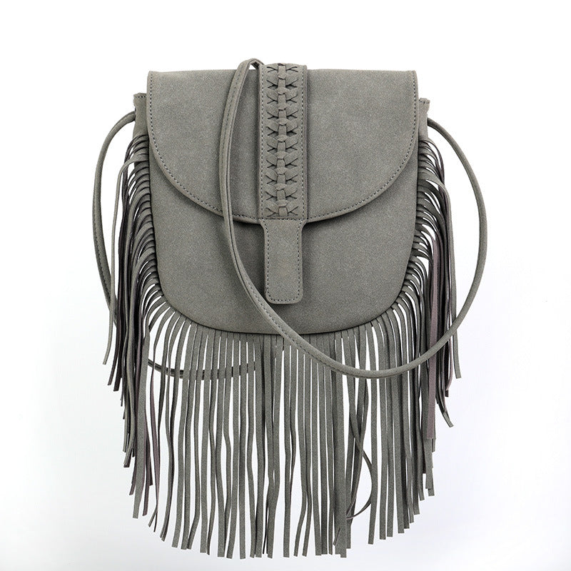 Grey Chic Bohemian Fringe Crossbody Bag - Suede-Look PU Leather with Braided Detail &amp; Adjustable Strap