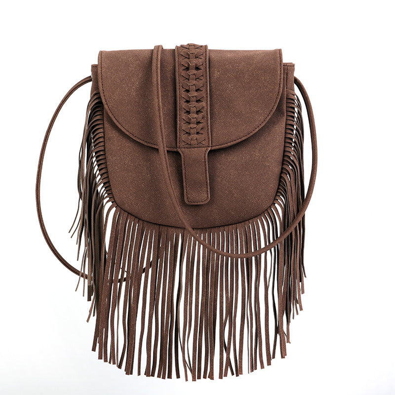Coffee Chic Bohemian Fringe Crossbody Bag - Suede-Look PU Leather with Braided Detail &amp; Adjustable Strap