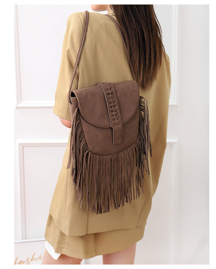 Coffee Chic Bohemian Fringe Crossbody Bag - Suede-Look PU Leather with Braided Detail & Adjustable Strap