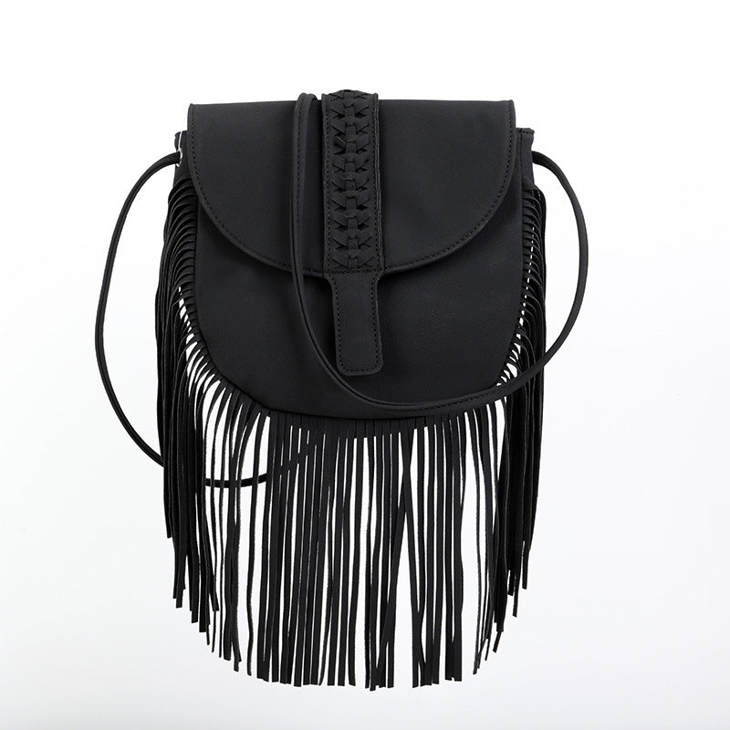 Black Chic Bohemian Fringe Crossbody Bag - Suede-Look PU Leather with Braided Detail &amp; Adjustable Strap