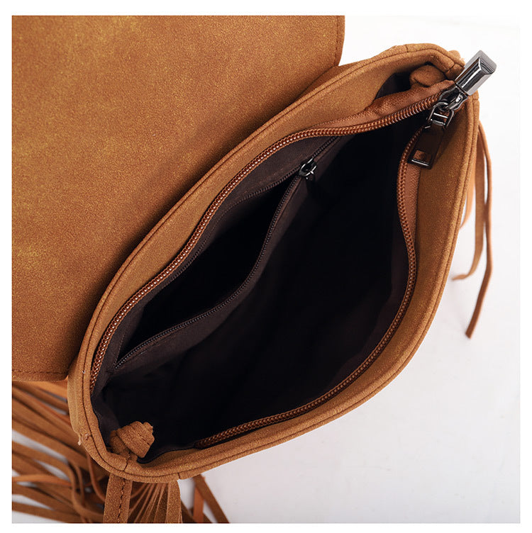 Black Chic Bohemian Fringe Crossbody Bag - Suede-Look PU Leather with Braided Detail & Adjustable Strap