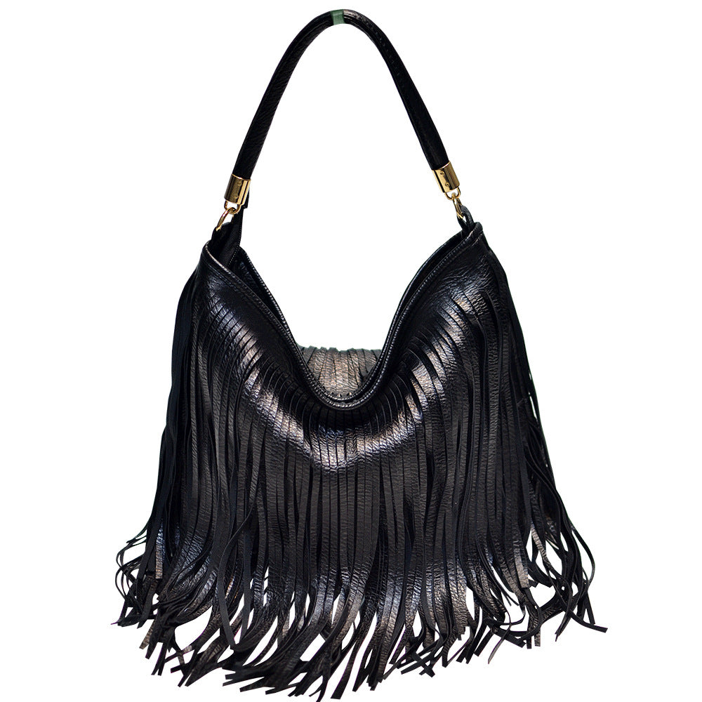 Chic Black Double Fringe Hobo Bag - Convertible Microfiber Leather Shoulder & Crossbody Purse