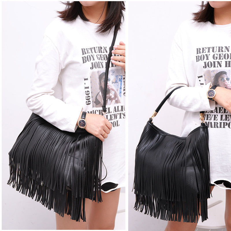Chic Black Double Fringe Hobo Bag - Convertible Microfiber Leather Shoulder & Crossbody Purse