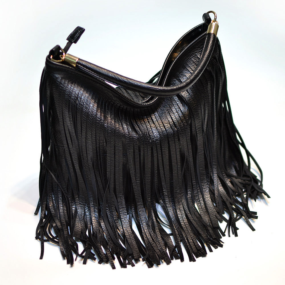 Chic Black Double Fringe Hobo Bag - Convertible Microfiber Leather Shoulder & Crossbody Purse
