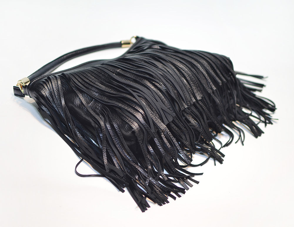 Chic Black Double Fringe Hobo Bag - Convertible Microfiber Leather Shoulder & Crossbody Purse