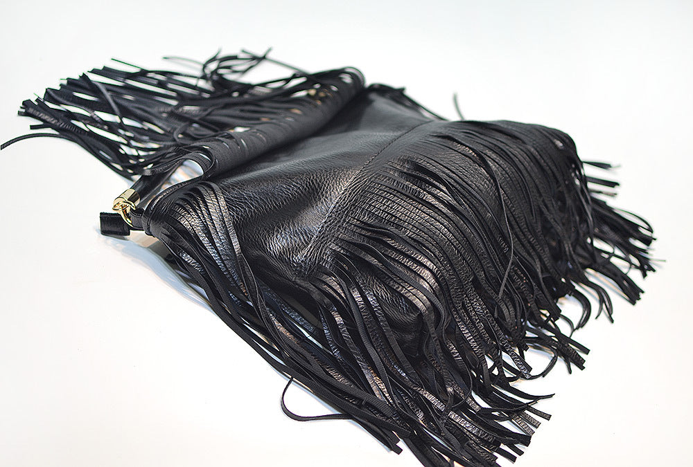 Chic Black Double Fringe Hobo Bag - Convertible Microfiber Leather Shoulder & Crossbody Purse