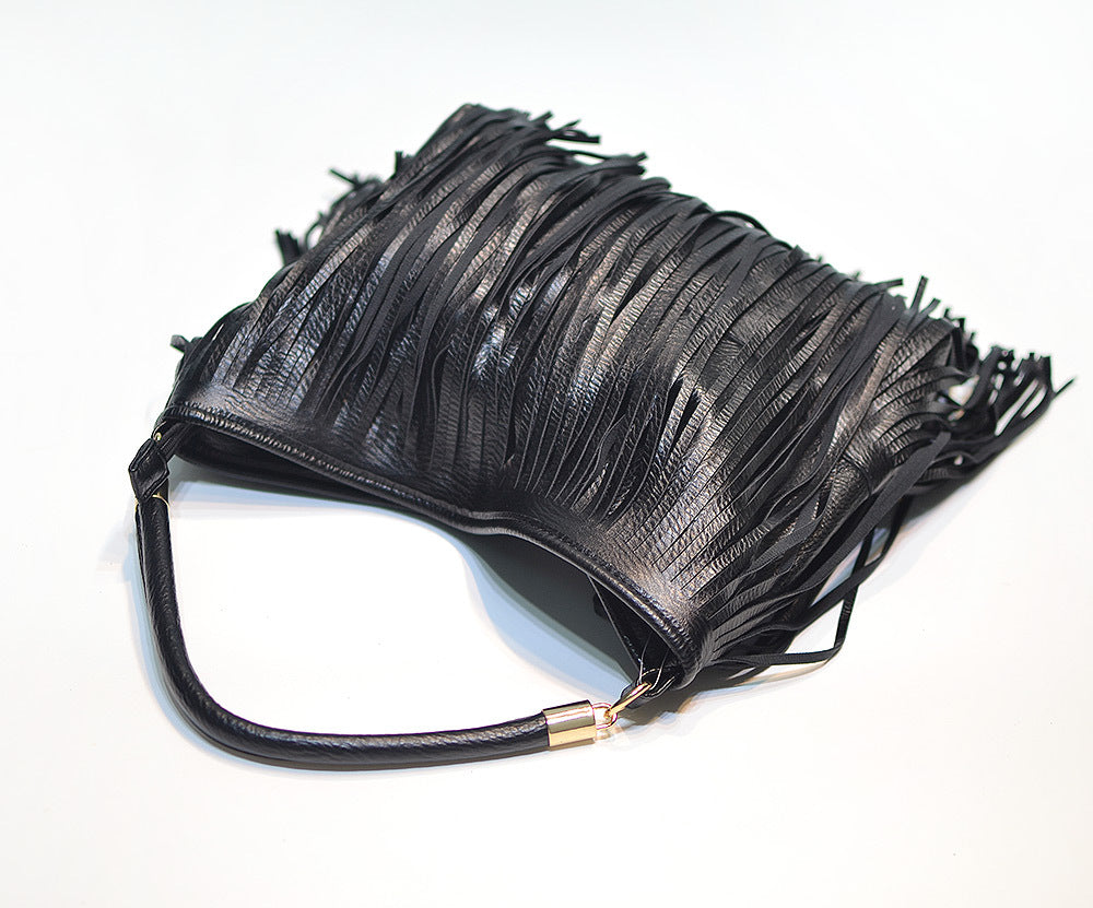 Chic Black Double Fringe Hobo Bag - Convertible Microfiber Leather Shoulder & Crossbody Purse