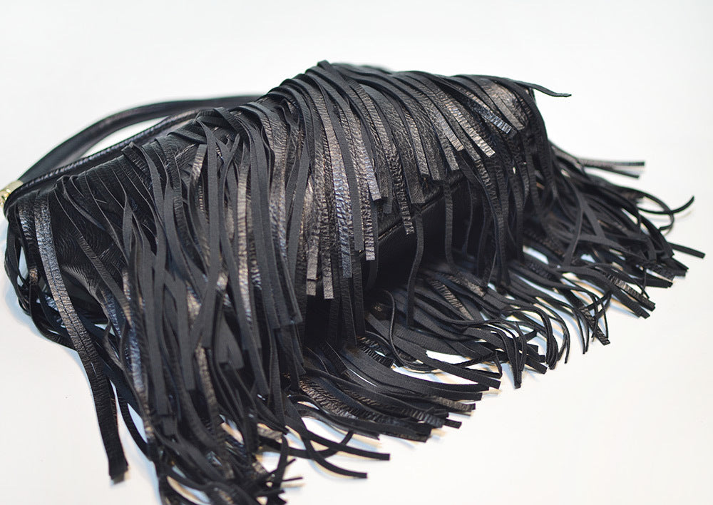 Chic Black Double Fringe Hobo Bag - Convertible Microfiber Leather Shoulder & Crossbody Purse