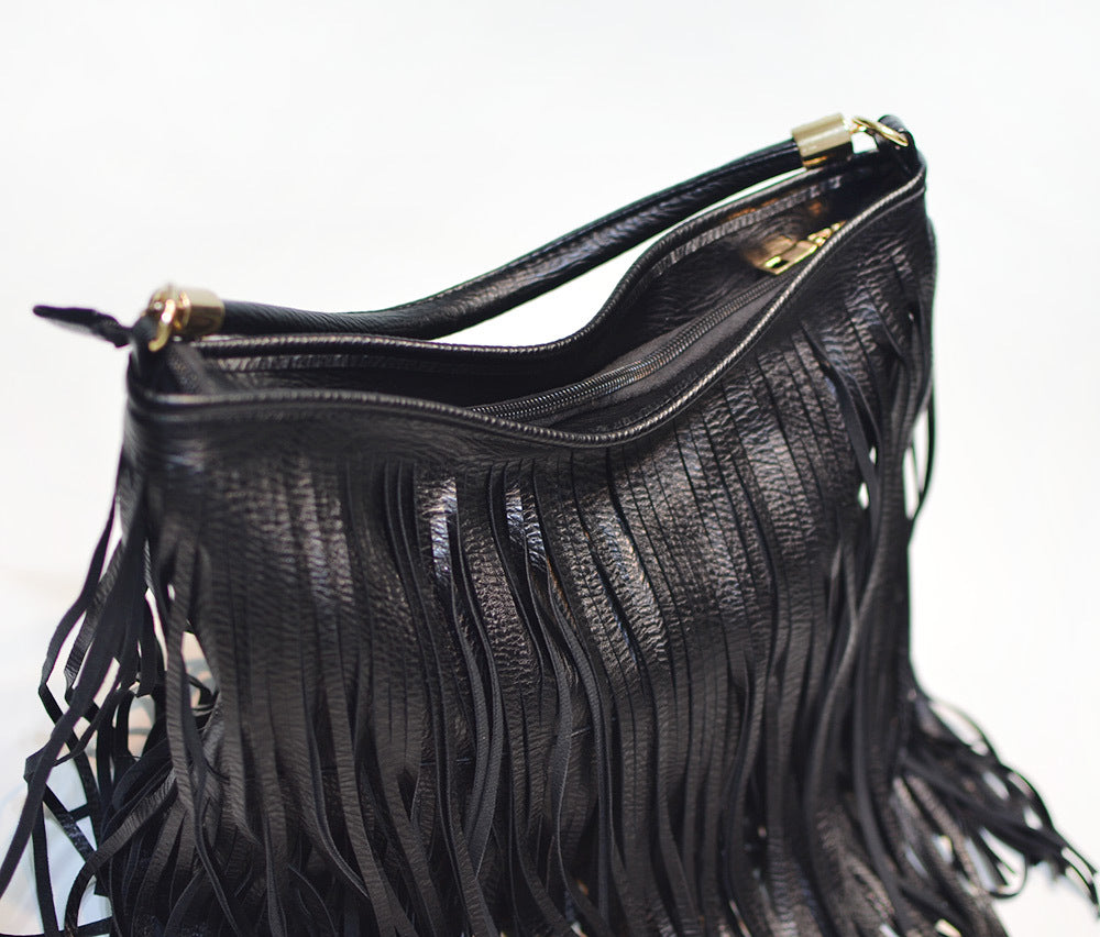 Chic Black Double Fringe Hobo Bag - Convertible Microfiber Leather Shoulder & Crossbody Purse