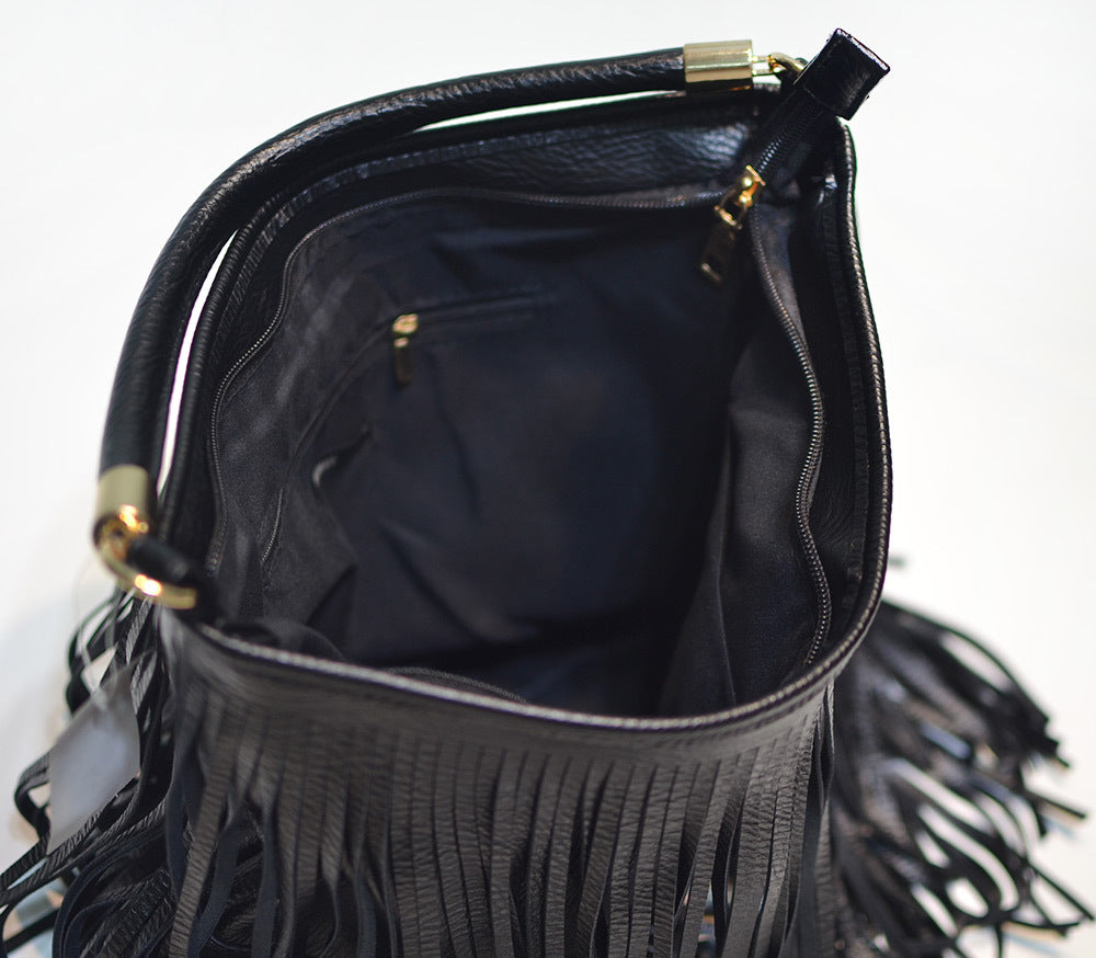 Chic Black Double Fringe Hobo Bag - Convertible Microfiber Leather Shoulder & Crossbody Purse
