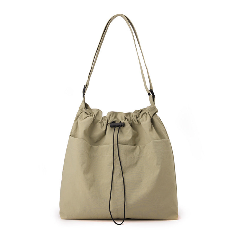 Khaki Chic Lightweight Nylon Drawstring Tote Bag - Multi-Pocket Casual Shoulder & Crossbody