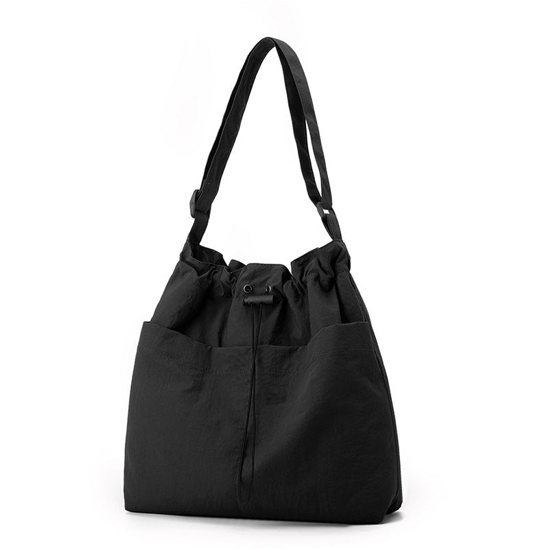 Black Chic Lightweight Nylon Drawstring Tote Bag - Multi-Pocket Casual Shoulder &amp; Crossbody