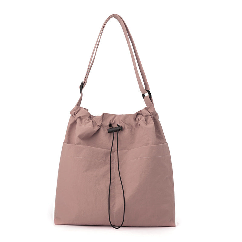 Pink Chic Lightweight Nylon Drawstring Tote Bag - Multi-Pocket Casual Shoulder &amp; Crossbody