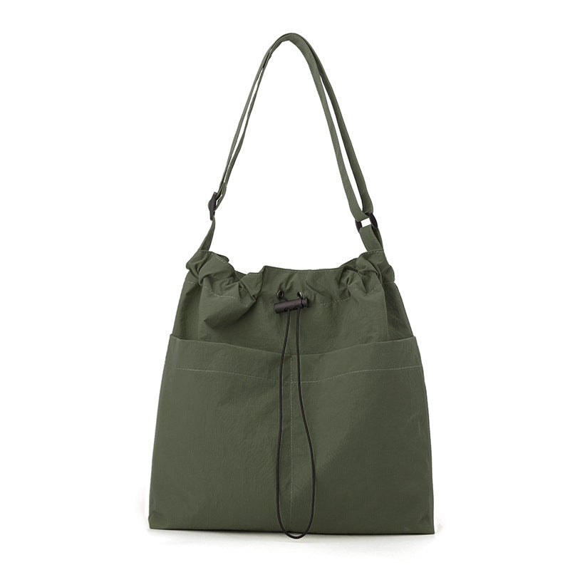Green Chic Lightweight Nylon Drawstring Tote Bag - Multi-Pocket Casual Shoulder &amp; Crossbody