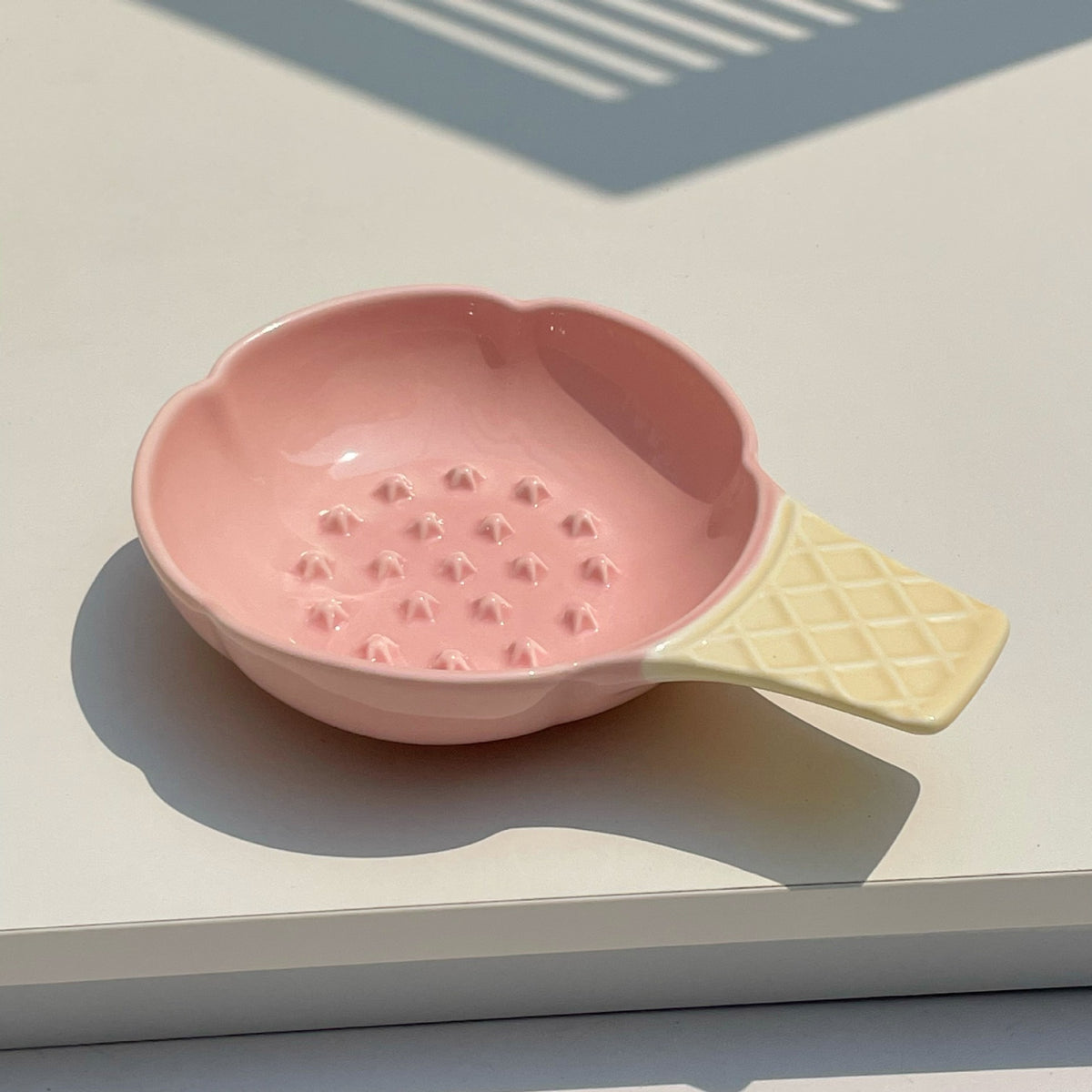 Pink and Yellow Adorable Ice Cream Cone Ceramic Slow Feeder Pet Bowl - Fun Anti-Gulp Design for Cats &amp; Dogs