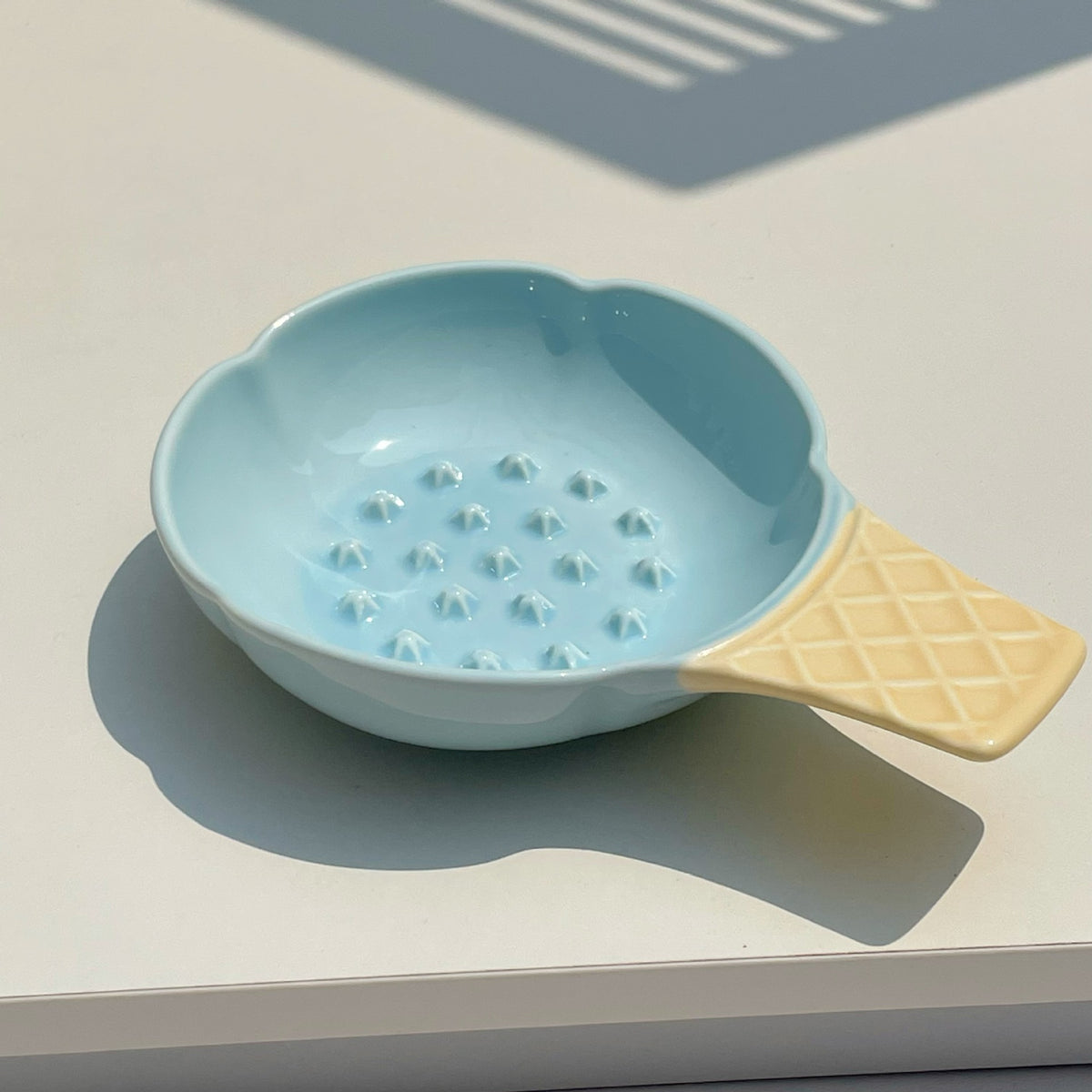 Blue and Yellow Adorable Ice Cream Cone Ceramic Slow Feeder Pet Bowl - Fun Anti-Gulp Design for Cats &amp; Dogs