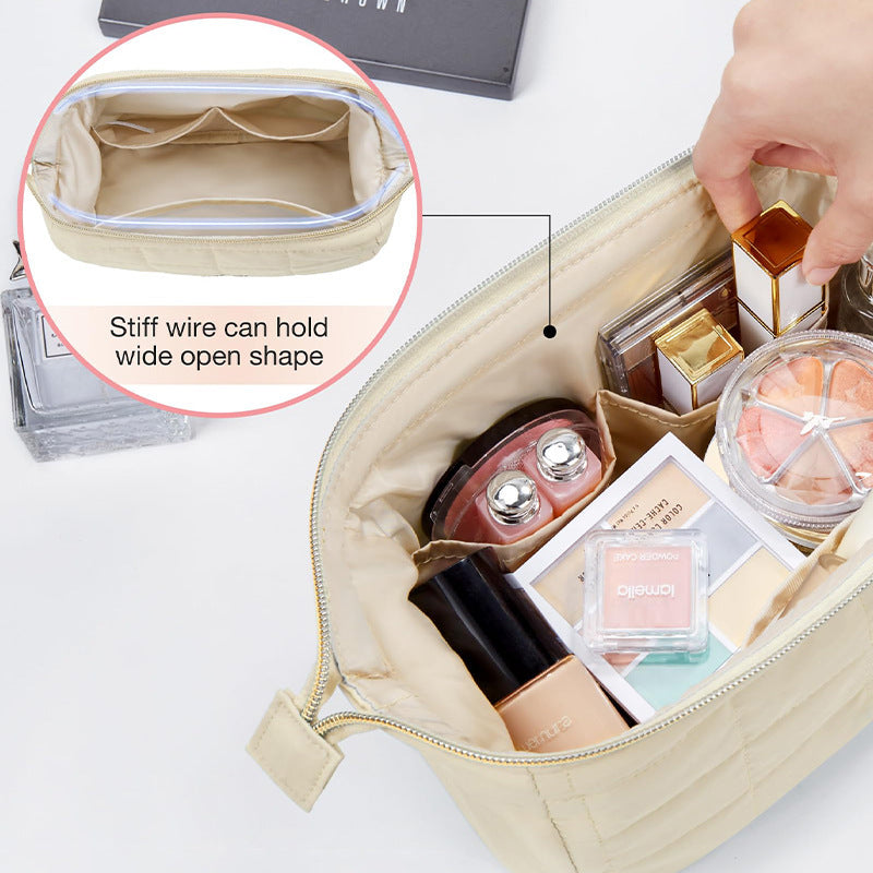 Purple Chic Quilted Puffer Makeup Bag - Large Capacity Travel Cosmetic Organizer with Wide Opening