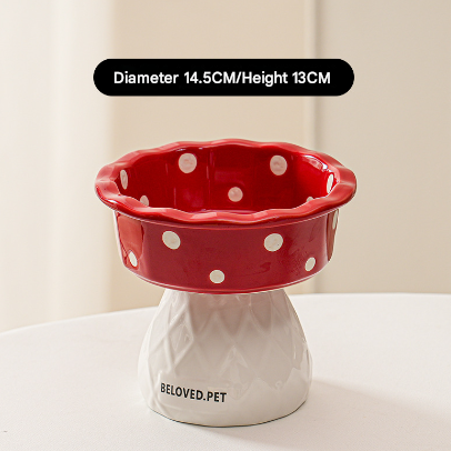 Red Adorable Mushroom Ceramic Elevated Cat Bowl - Anti-Vomiting & Spine Protecting Pet Feeder with Polka Dots