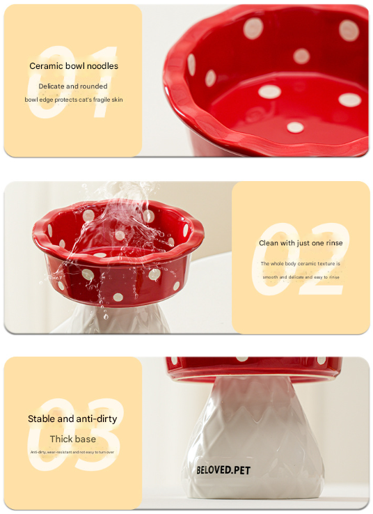 Red Adorable Mushroom Ceramic Elevated Cat Bowl - Anti-Vomiting & Spine Protecting Pet Feeder with Polka Dots