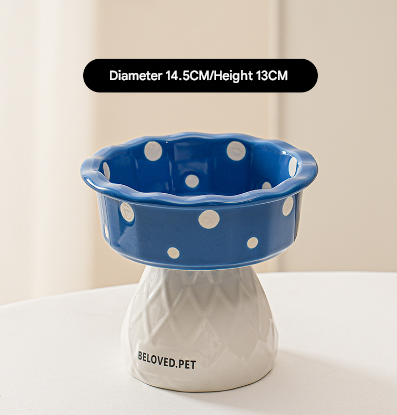 Blue Adorable Mushroom Ceramic Elevated Cat Bowl - Anti-Vomiting &amp; Spine Protecting Pet Feeder with Polka Dots