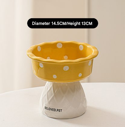 Yellow Adorable Mushroom Ceramic Elevated Cat Bowl - Anti-Vomiting &amp; Spine Protecting Pet Feeder with Polka Dots