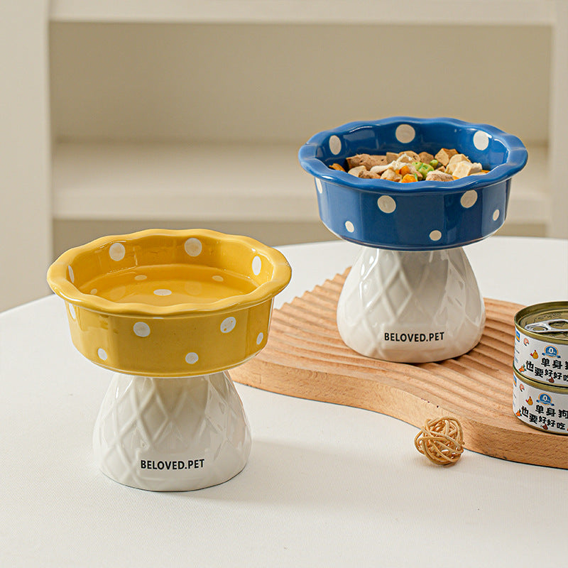 Yellow Adorable Mushroom Ceramic Elevated Cat Bowl - Anti-Vomiting & Spine Protecting Pet Feeder with Polka Dots