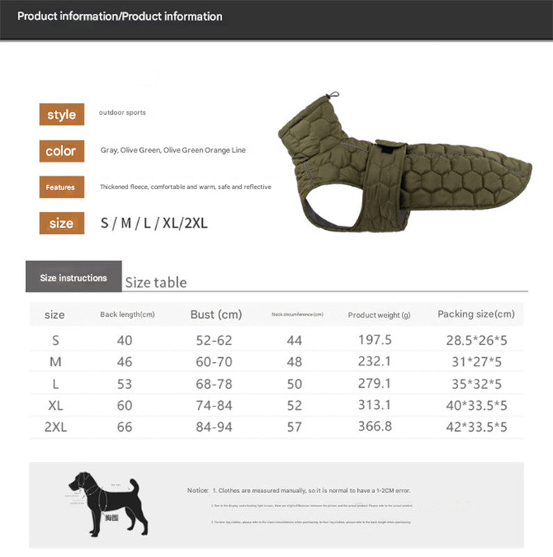 Size M Olive Green Warm Quilted Dog Winter Coat - Adjustable Fleece-Lined Puffer Vest with Reflective Trim & Leash Port