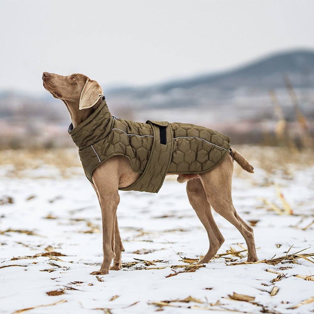 Size 2XL Olive Green Warm Quilted Dog Winter Coat - Adjustable Fleece-Lined Puffer Vest with Reflective Trim &amp; Leash Port