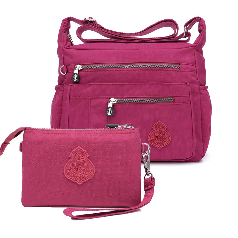 Rose Red Versatile Womens Nylon Water-Repellent Crossbody Shoulder Bag Set with Matching Clutch Pouch - Lightweight & Multi-Pocket