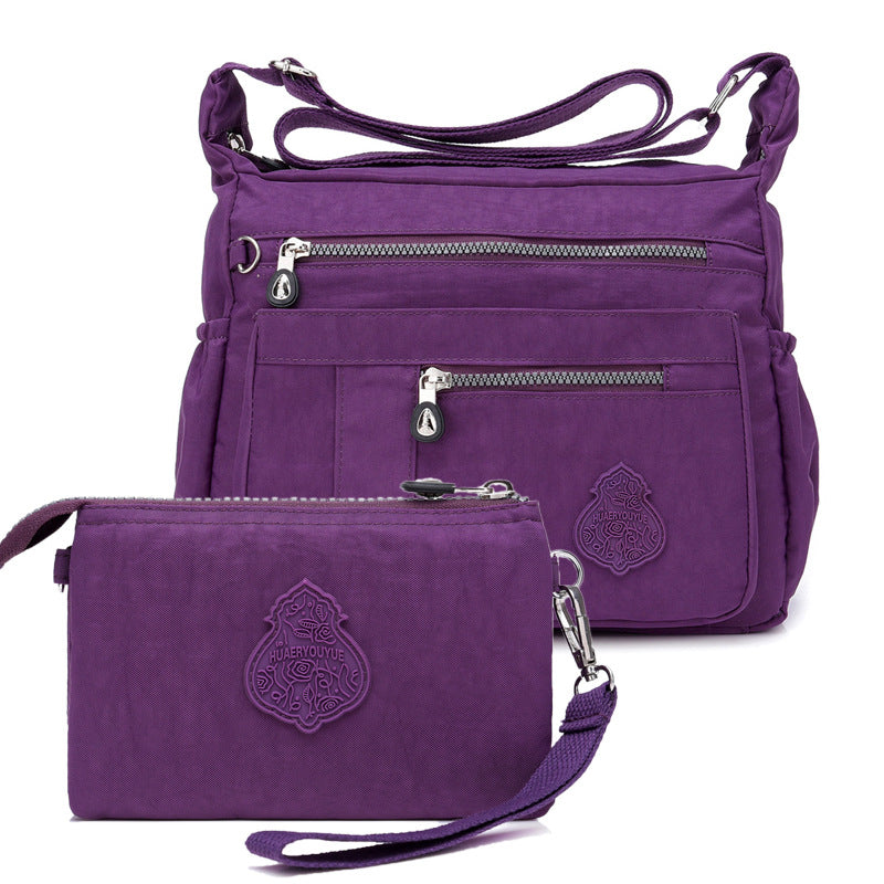 Purple Versatile Womens Nylon Water-Repellent Crossbody Shoulder Bag Set with Matching Clutch Pouch - Lightweight &amp; Multi-Pocket