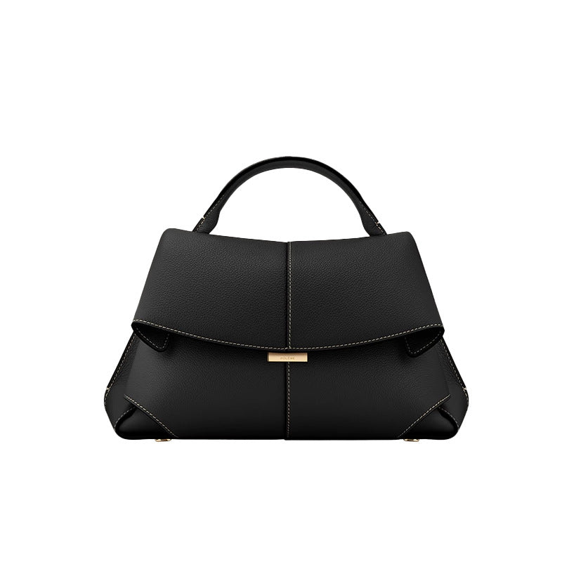 Black Elegant Womens Genuine Cowhide Leather Top Handle Satchel - Chic Flap Crossbody Shoulder Bag