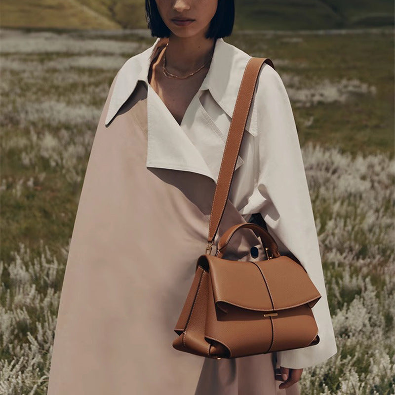 Black Elegant Womens Genuine Cowhide Leather Top Handle Satchel - Chic Flap Crossbody Shoulder Bag