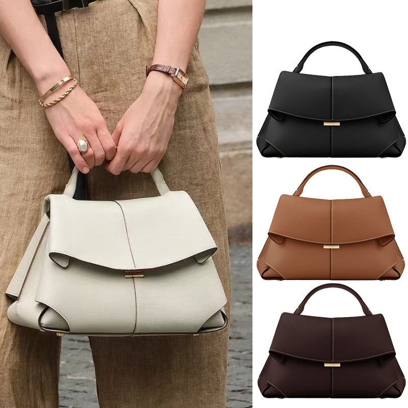Khaki Elegant Womens Genuine Cowhide Leather Top Handle Satchel - Chic Flap Crossbody Shoulder Bag