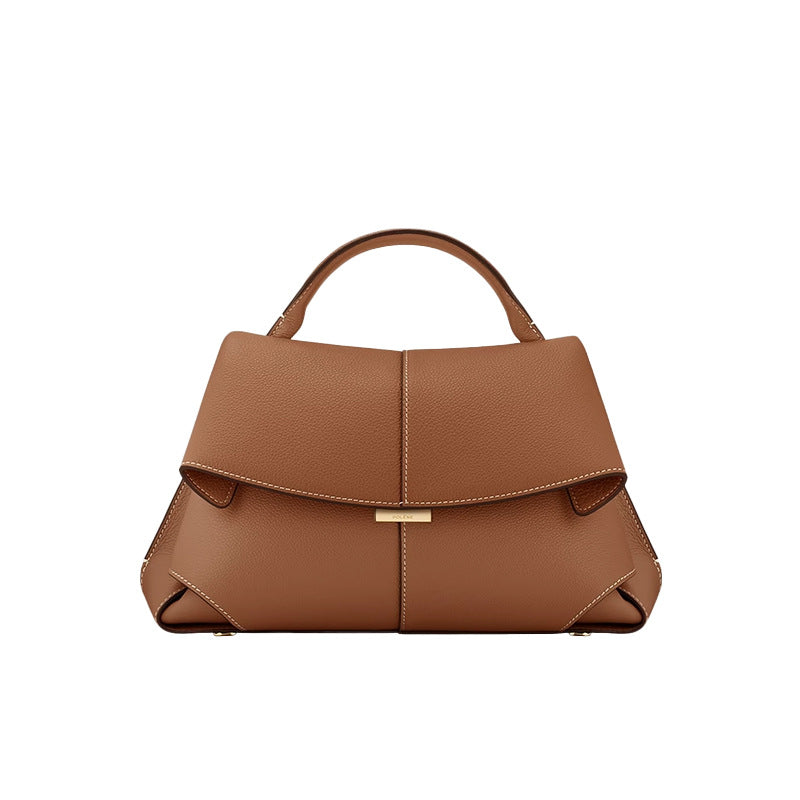 Brown Elegant Womens Genuine Cowhide Leather Top Handle Satchel - Chic Flap Crossbody Shoulder Bag