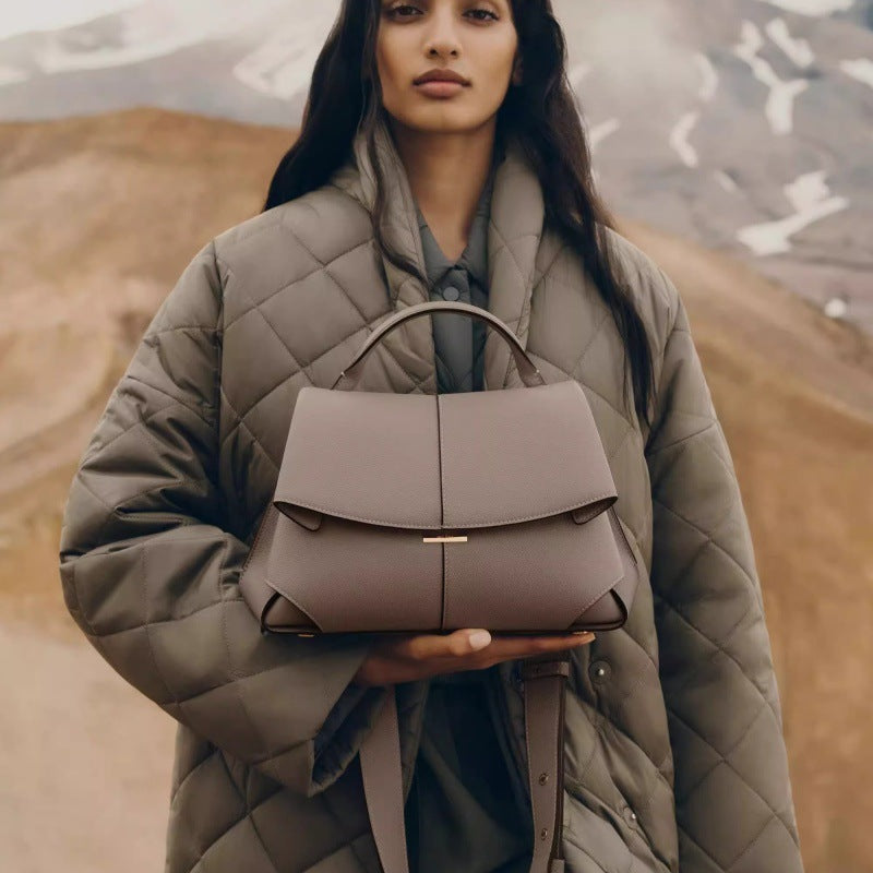 Brown Elegant Womens Genuine Cowhide Leather Top Handle Satchel - Chic Flap Crossbody Shoulder Bag