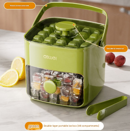 Green Innovative Press-Release Ice Cube Maker - Dual Layer Trays &amp; Storage Bin (48 Cubes)
