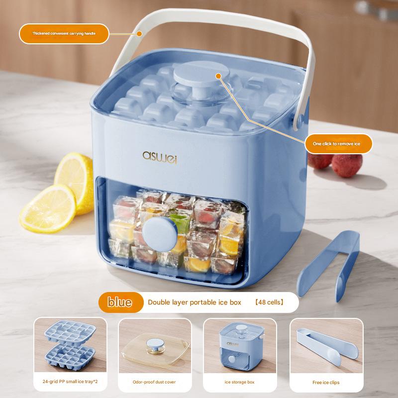 Blue Innovative Press-Release Ice Cube Maker - Dual Layer Trays &amp; Storage Bin (48 Cubes)