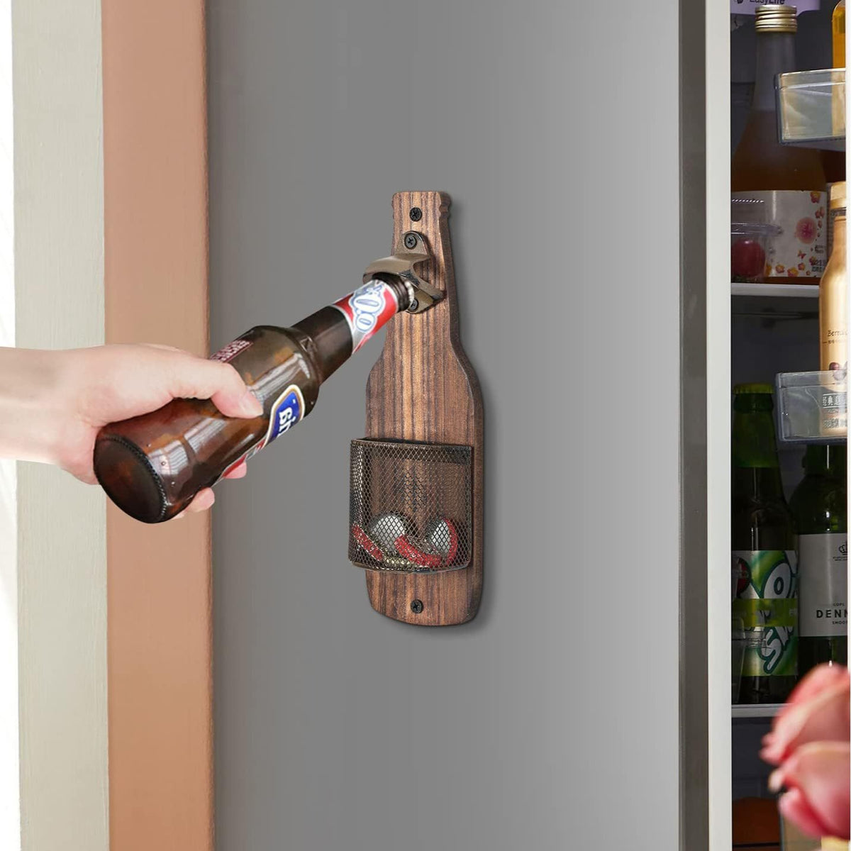 Brown Rustic Wooden Wall-Mounted Bottle Opener with Cap Catcher - Vintage Beer Opener for Bar &amp; Kitchen