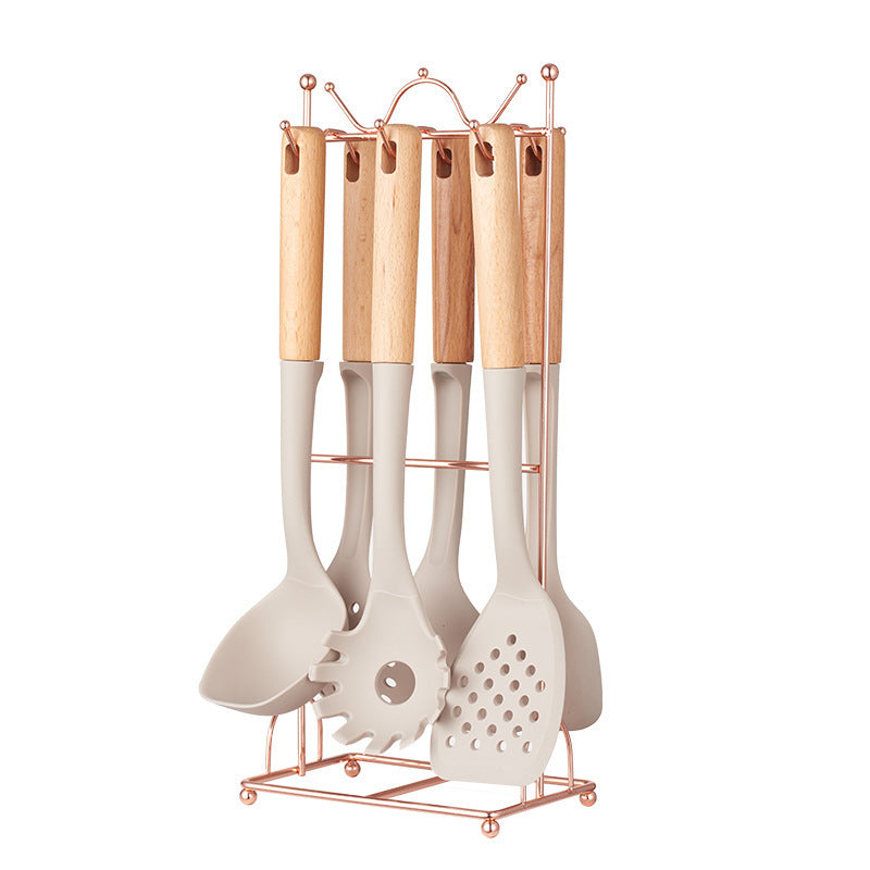 Beige Elegant 7-Piece Silicone Kitchen Utensil Set with Wooden Handles &amp; Rose Gold Stand - Non-Stick Cookware Safe