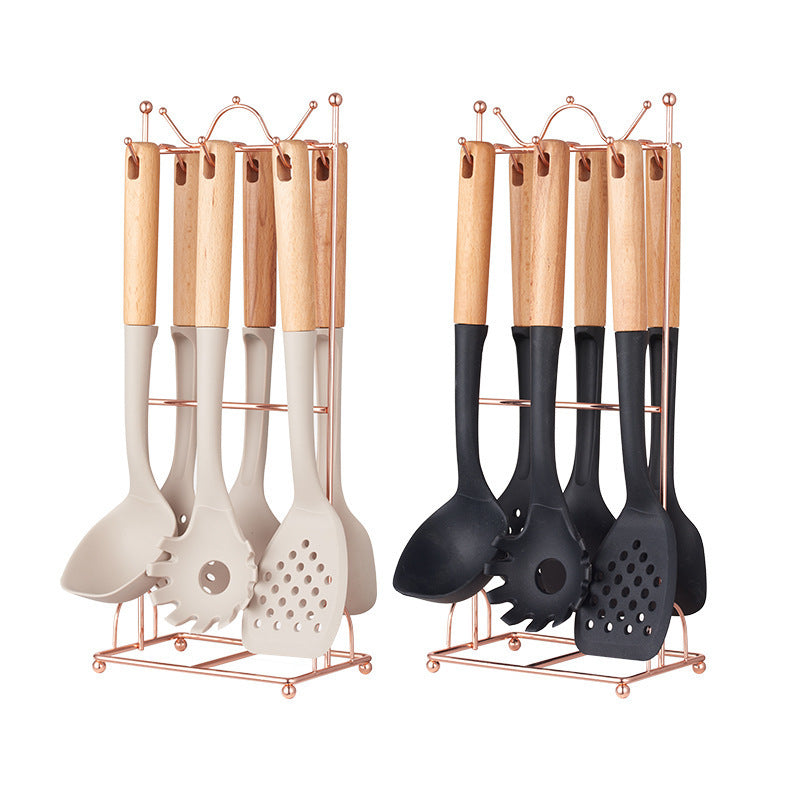 Beige Elegant 7-Piece Silicone Kitchen Utensil Set with Wooden Handles & Rose Gold Stand - Non-Stick Cookware Safe
