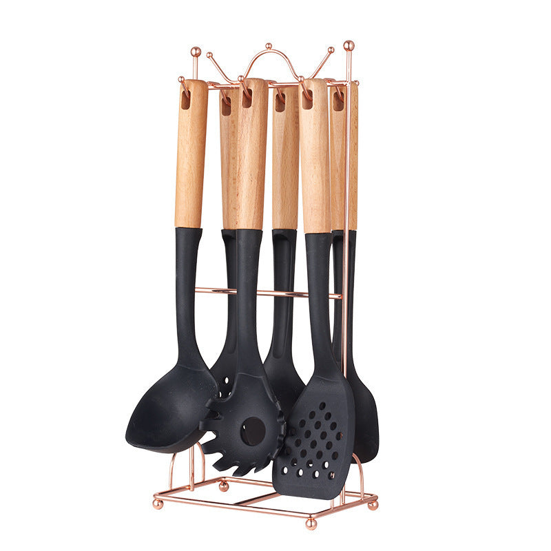Black Elegant 7-Piece Silicone Kitchen Utensil Set with Wooden Handles &amp; Rose Gold Stand - Non-Stick Cookware Safe
