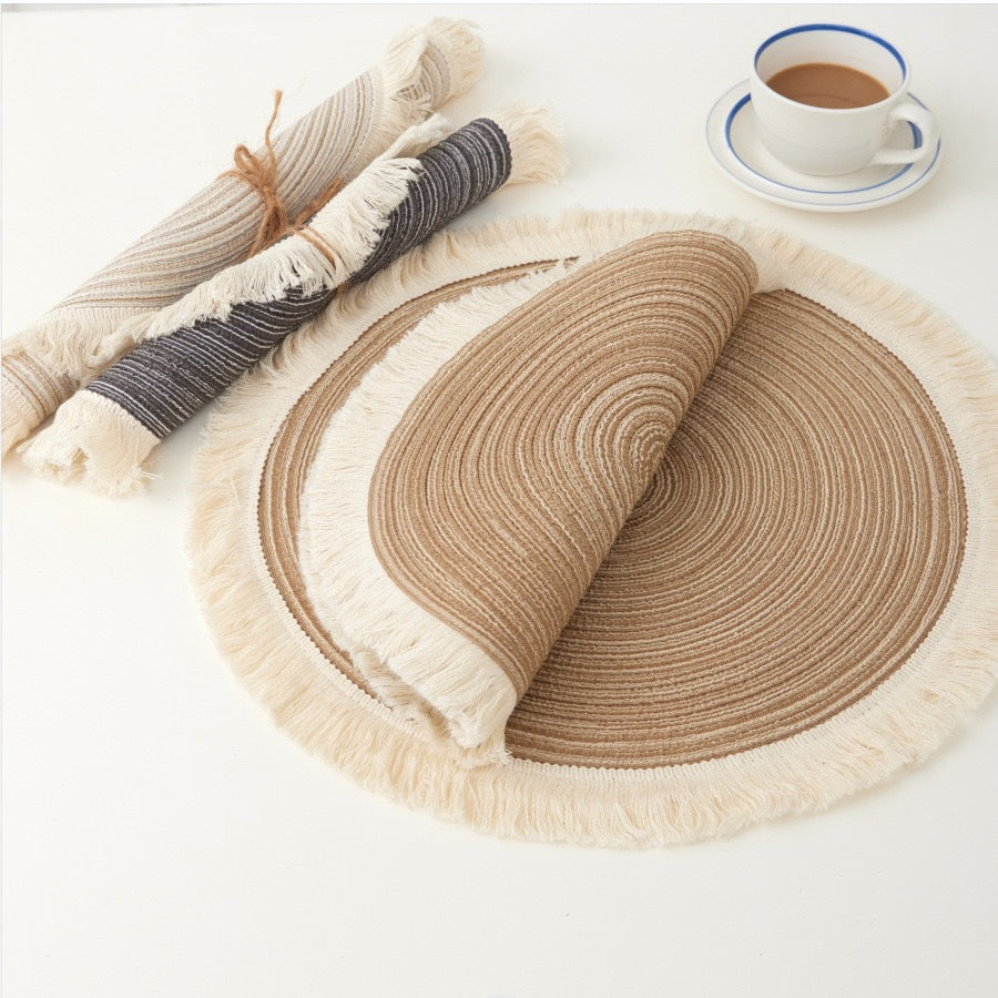 Blue Chic Round Woven Placemats with Tassel Fringe - Set of 4, Cotton Ramie Blend, Heat Resistant Table Mats