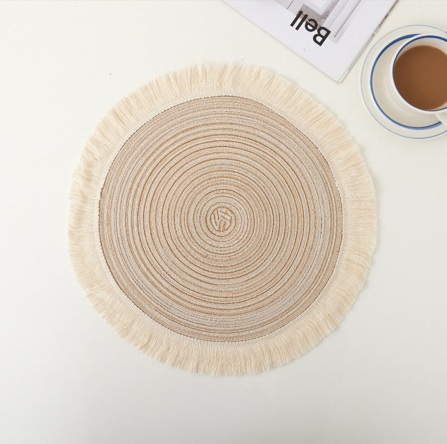 Beige Chic Round Woven Placemats with Tassel Fringe - Set of 4, Cotton Ramie Blend, Heat Resistant Table Mats