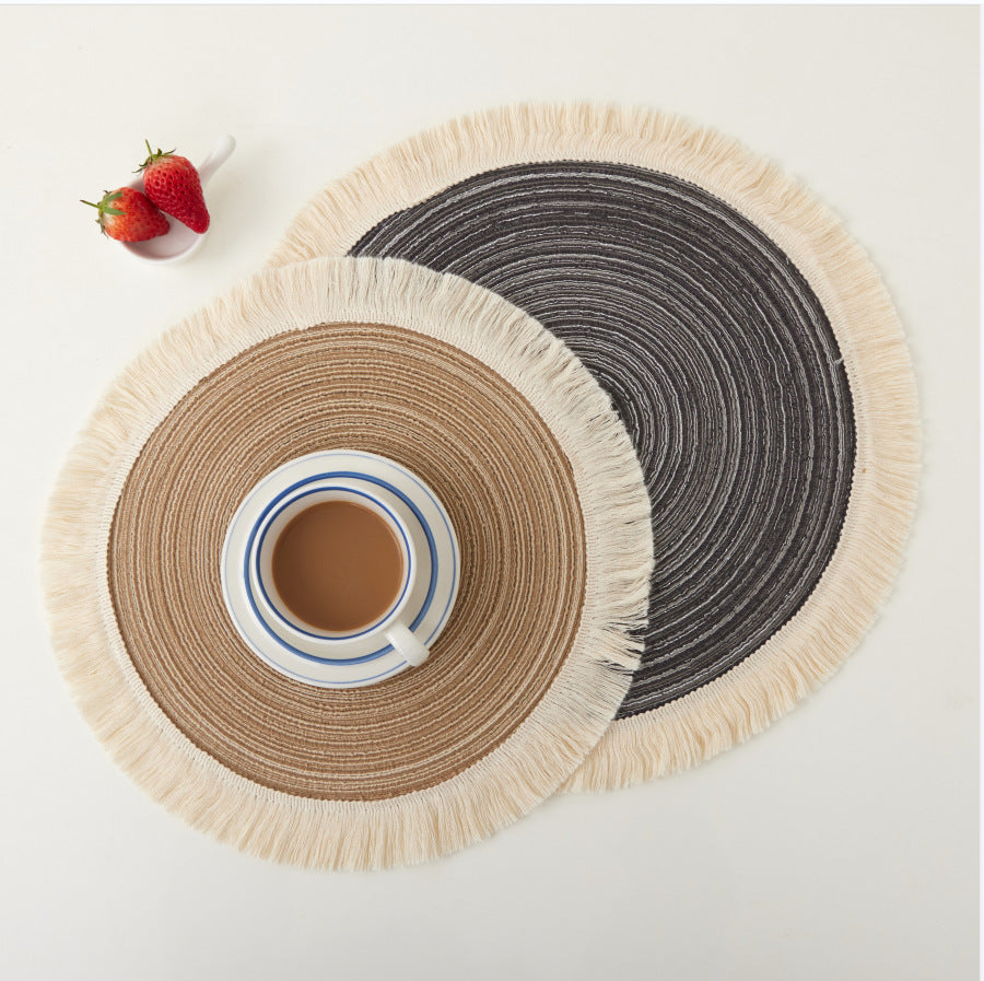 Grey Chic Round Woven Placemats with Tassel Fringe - Set of 4, Cotton Ramie Blend, Heat Resistant Table Mats