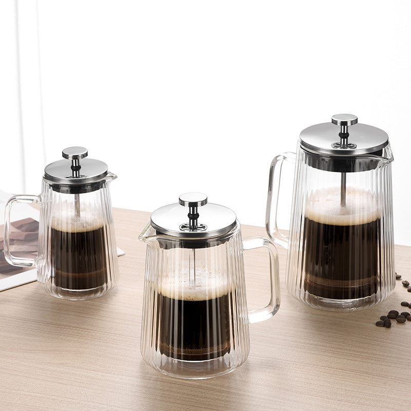 Transparent Elegant Ribbed Double Wall Glass French Press - 650ml Heat Resistant Coffee and Tea Maker with Stainless Steel Filter