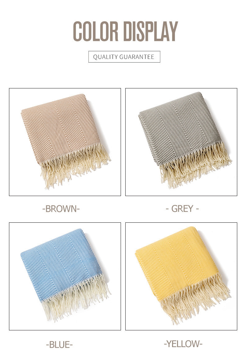 Blue Elegant Herringbone Tassel Throw Blanket - Large Acrylic Faux Cashmere Soft Cozy Blanket for Sofa, Bed & Decor (130x240cm)