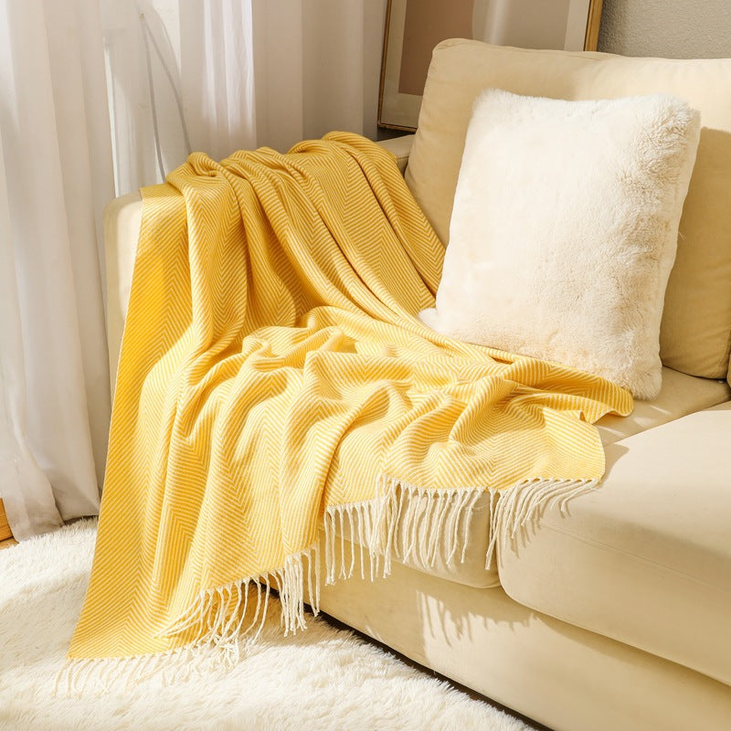 Yellow Elegant Herringbone Tassel Throw Blanket - Large Acrylic Faux Cashmere Soft Cozy Blanket for Sofa, Bed &amp; Decor (130x240cm)