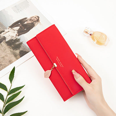 Red Elegant Ladies Long PU Leather Wallet - Slim Clutch with Leaf Charm, Multi-Card Holder &amp; Organizer