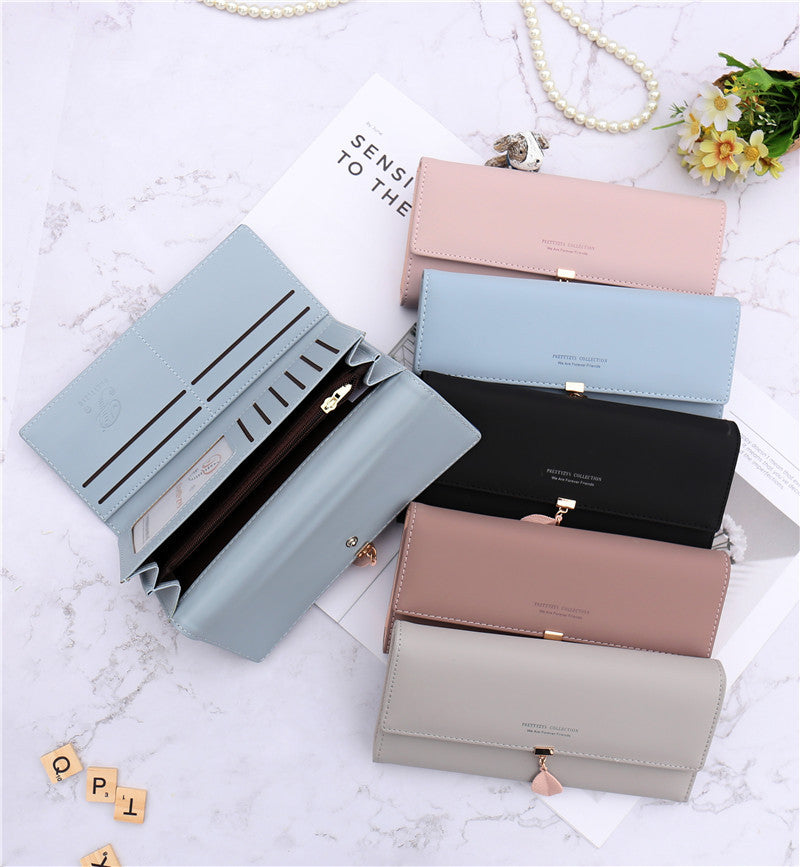 Red Elegant Ladies Long PU Leather Wallet - Slim Clutch with Leaf Charm, Multi-Card Holder & Organizer