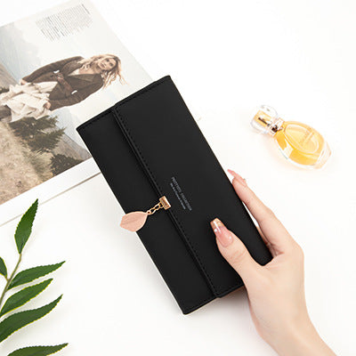 Black Elegant Ladies Long PU Leather Wallet - Slim Clutch with Leaf Charm, Multi-Card Holder &amp; Organizer